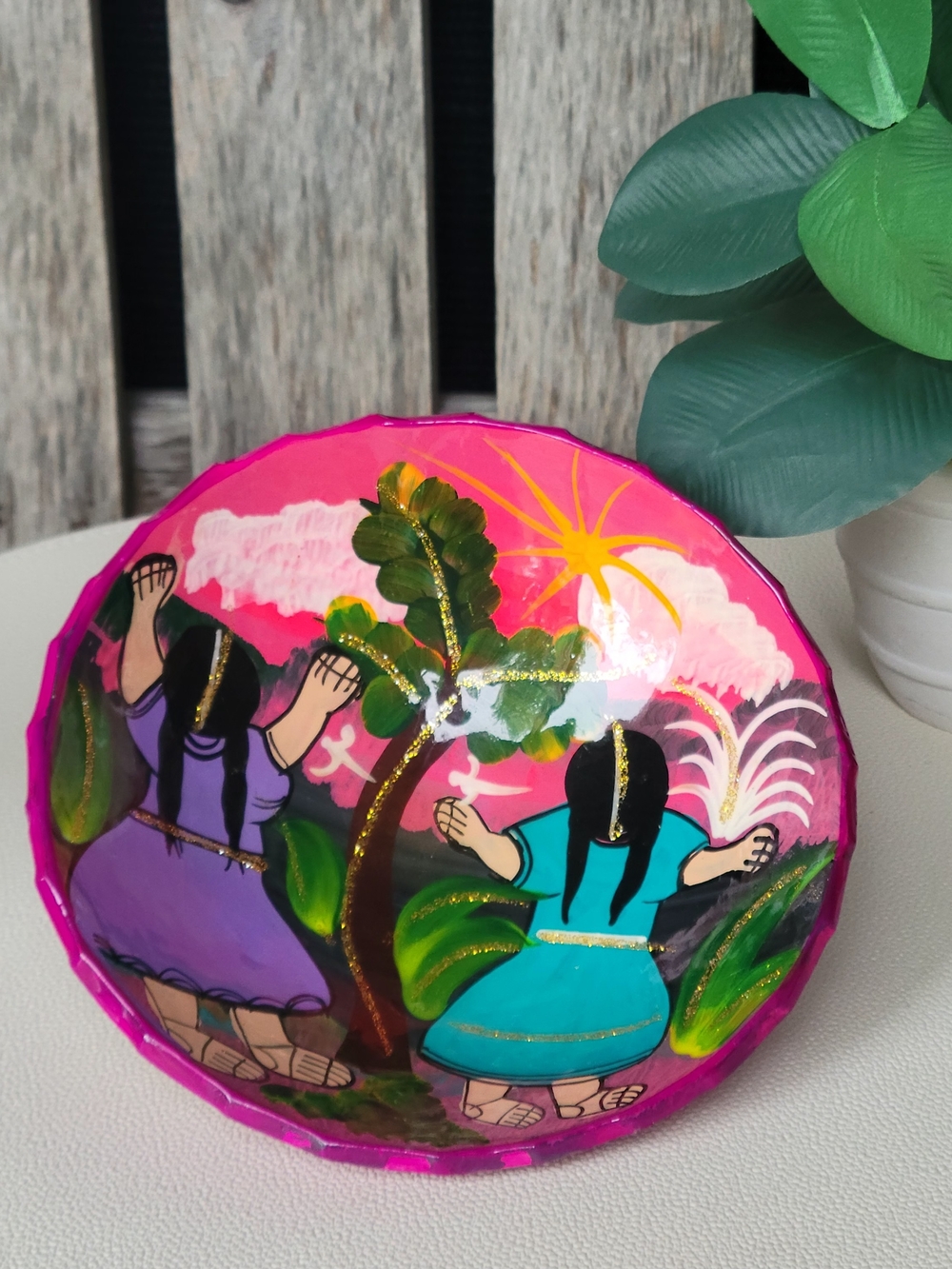 Hand-Painted Decorative Dish with Bright Magenta Dancing Girls Scene - Picture 5 of 6